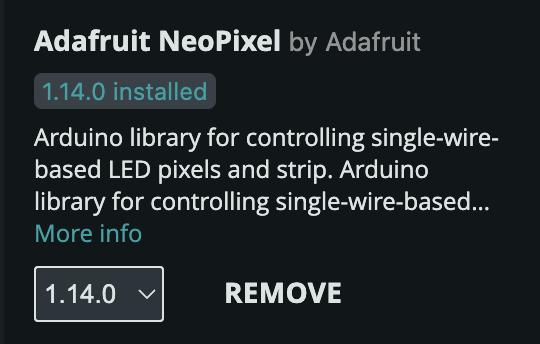 Library panel in Arduino IDE showing NeoPixel library 1.14.0